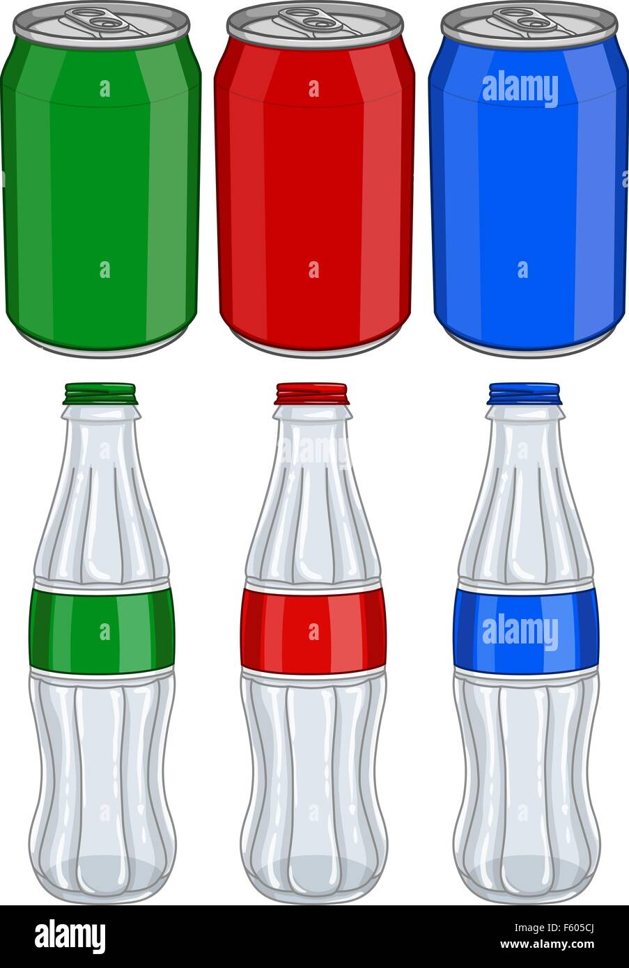 Pack d'illustration vectorielle de rouge vert et bleu des canettes de soda et des bouteilles en verre. Illustration de Vecteur