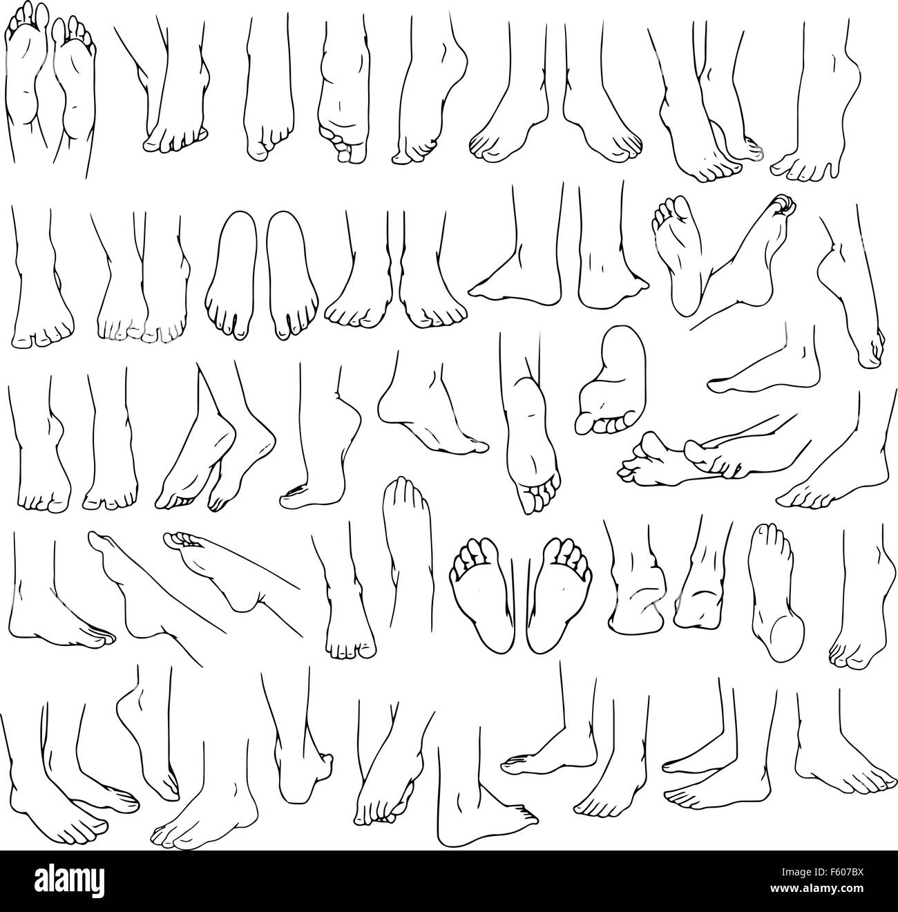 Illustrations vectorielles lineart pack de pieds humains dans différents gestes. Illustration de Vecteur