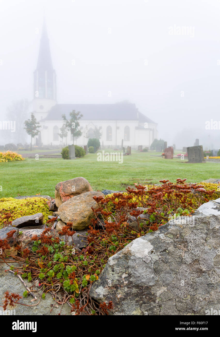 (Église Skallsjö Skallsjö Kyrka) dans le brouillard, Gamla Vägen, Floda, Västra Götaland, en Suède. Communiqué de modèle : N° des biens : Non. Banque D'Images