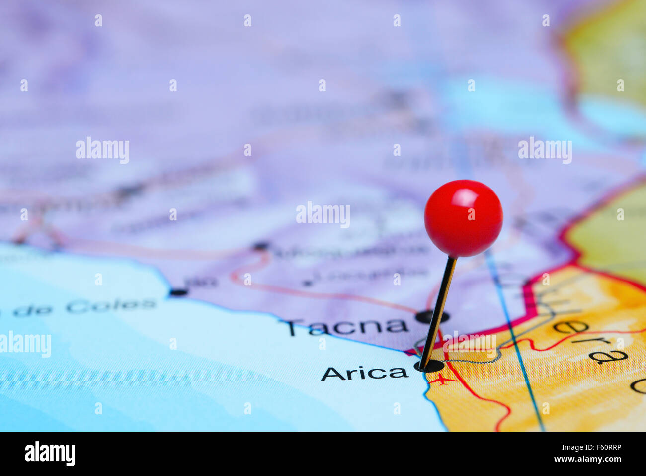 Arica épinglée sur une carte du Chili Banque D'Images