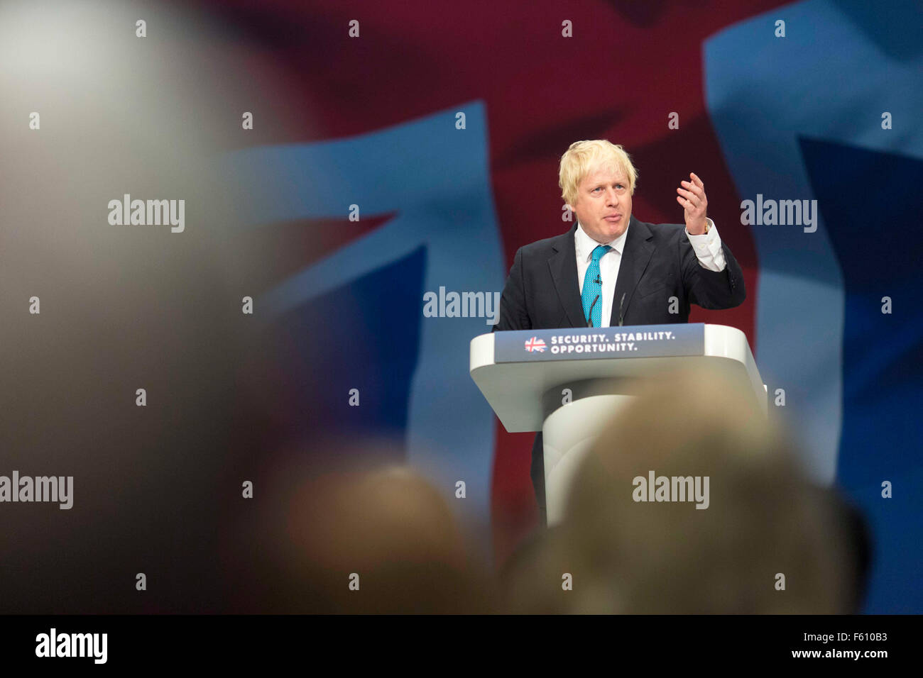 Maire de Londres Boris Johnson sur scène en donnant son discours pendant la conférence du parti conservateur , Manchester , Octobre 2015 Banque D'Images