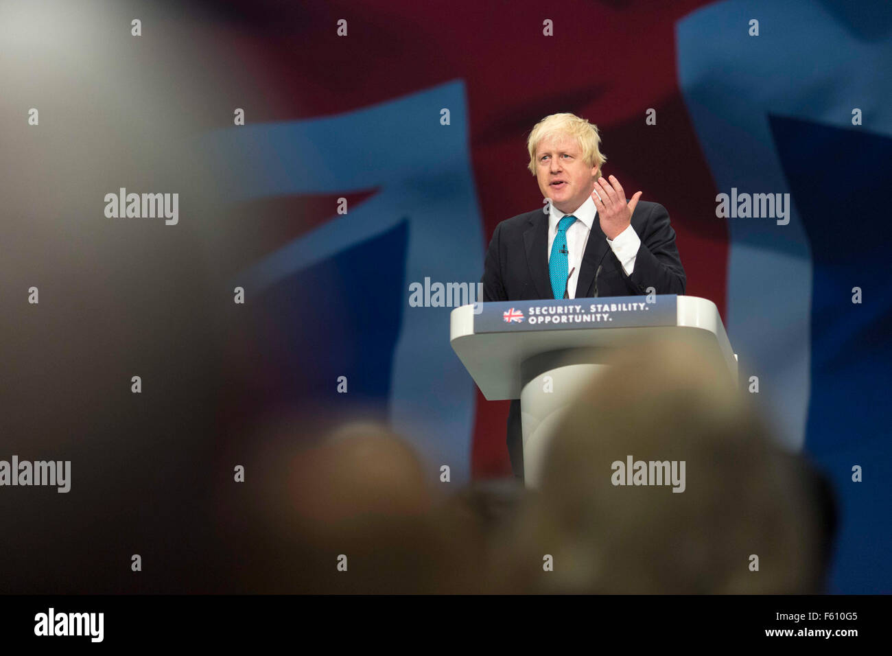 Maire de Londres Boris Johnson sur scène en donnant son discours pendant la conférence du parti conservateur , Manchester , Octobre 2015 Banque D'Images