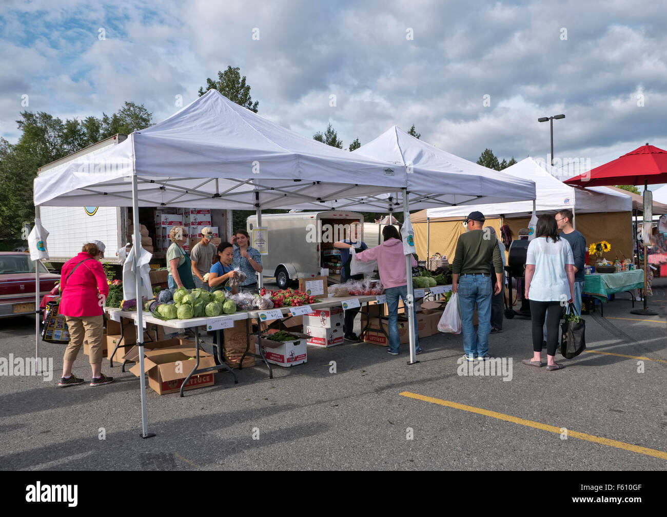 Les agriculteurs du sud d'Anchorage, le marché des légumes frais, les consommateurs. Banque D'Images