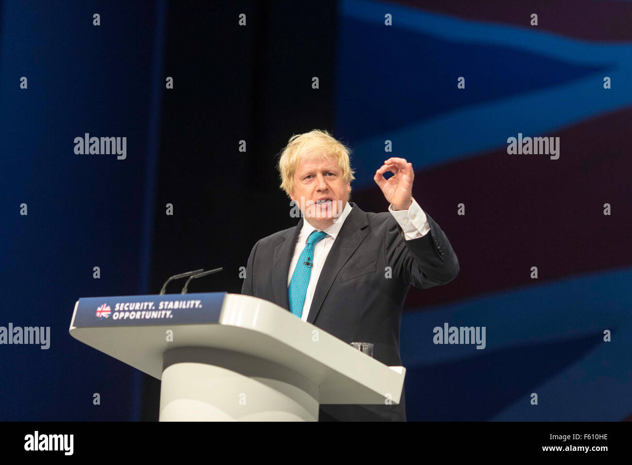 Maire de Londres Boris Johnson sur scène en donnant son discours pendant la conférence du parti conservateur , Manchester , Octobre 2015 Banque D'Images