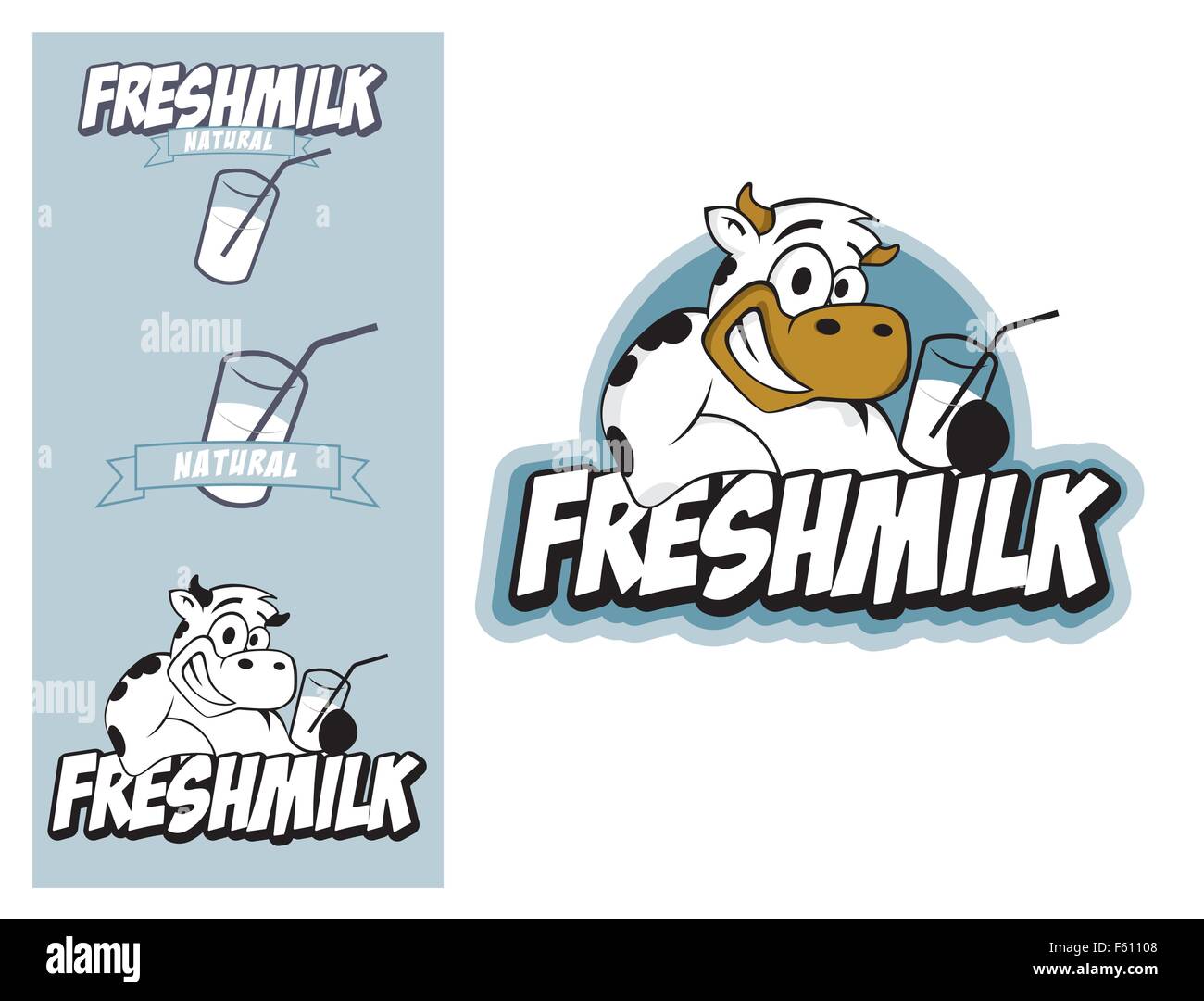 L'élément de conception de logo. Concept de lait frais. Vache souriante tenant un verre de lait. Illustration de Vecteur