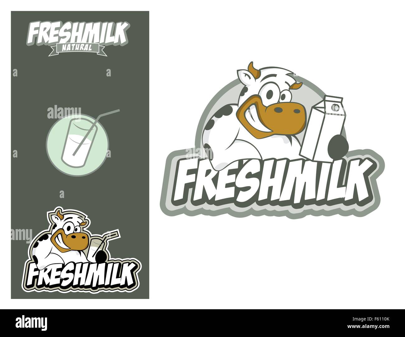 L'élément de conception de logo. Concept de lait frais. Smiling holding verre de lait de vache. Illustration de Vecteur