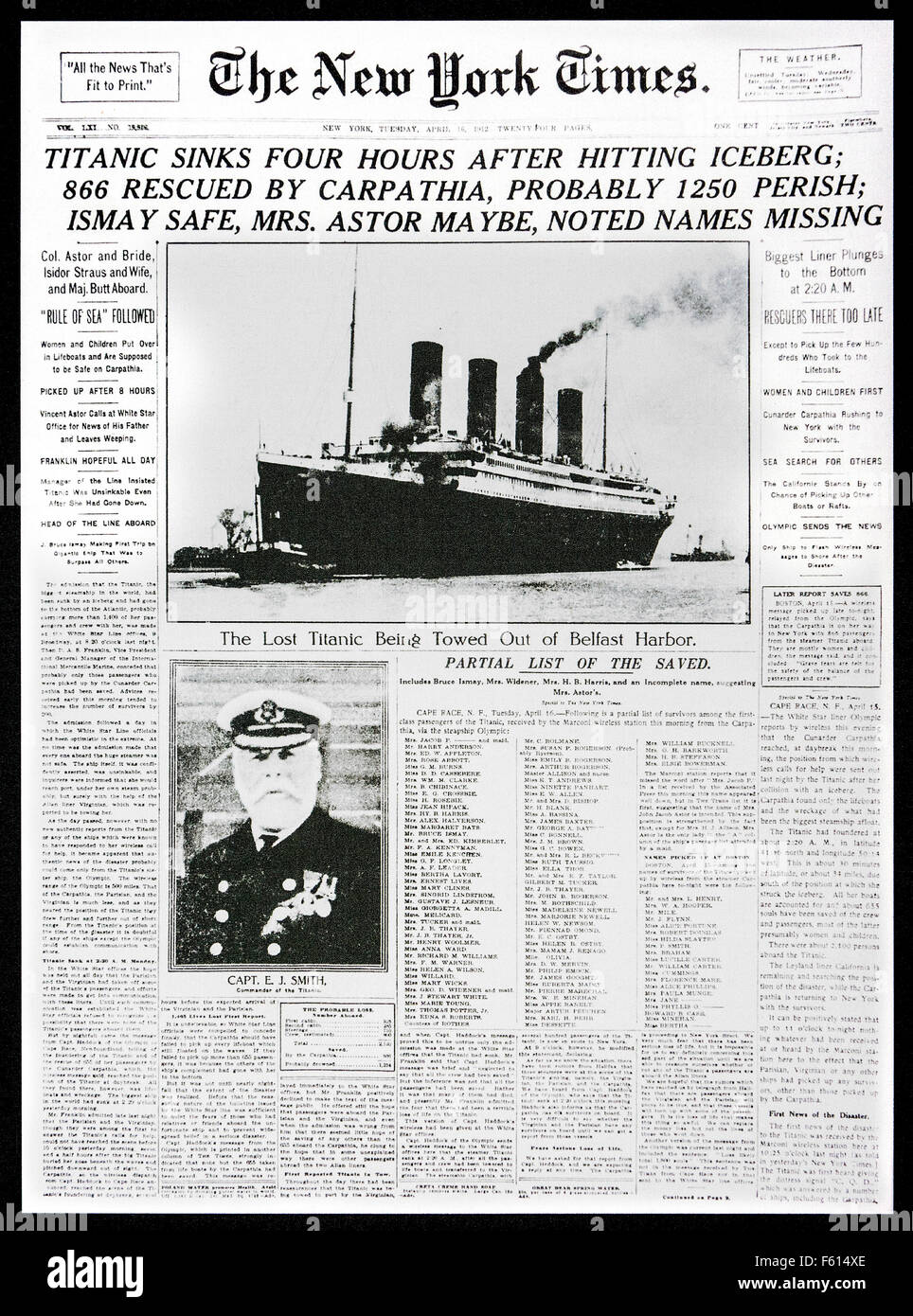 1912 La une du New York Times d'avoir signalé le naufrage du Titanic après avoir frapper iceberg Banque D'Images