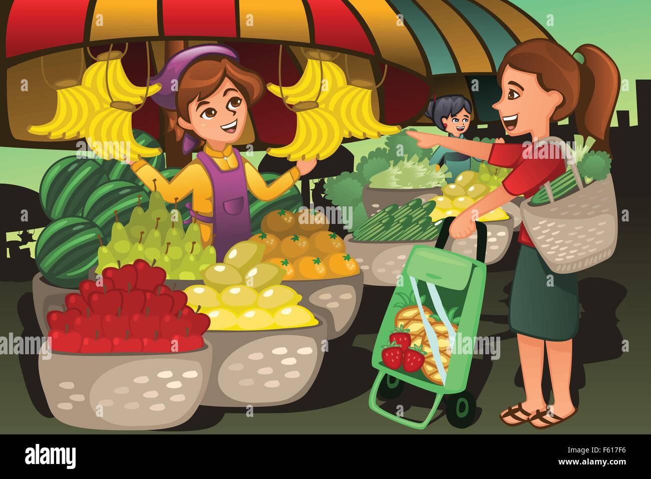 Un vecteur illustration de vendeur de fruits au marché de fermiers avec un client Illustration de Vecteur