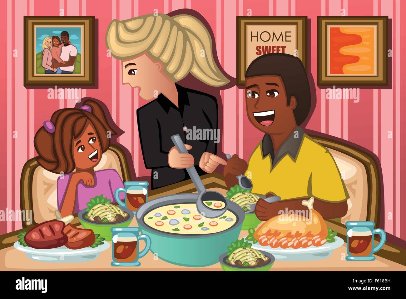 Un vecteur illustration de happy family eating dinner together Illustration de Vecteur