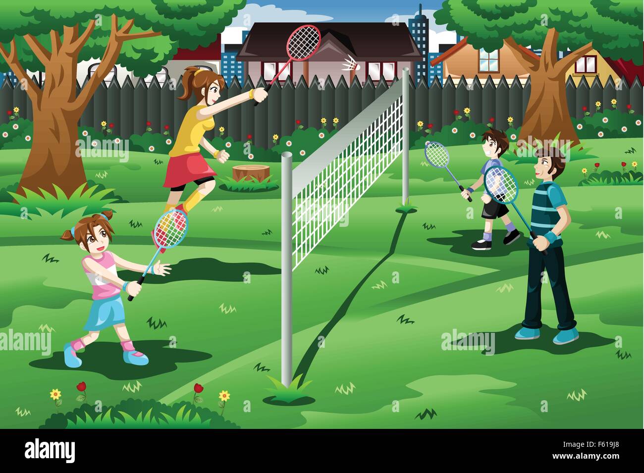 Un vecteur illustration de famille jouer au badminton dans le jardin Illustration de Vecteur