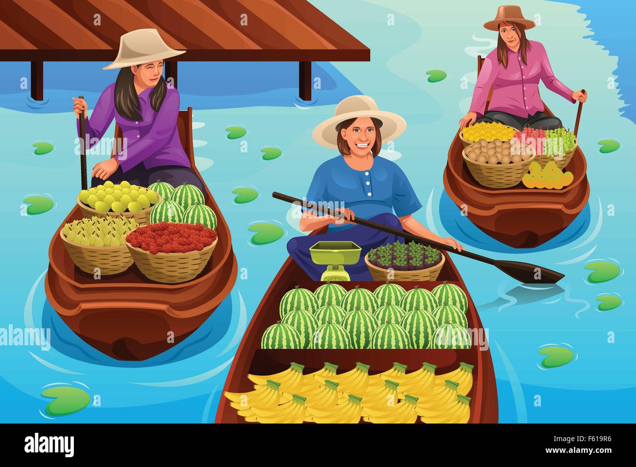 Un vecteur illustration de femme vendant des fruits dans un marché flottant traditionnel Illustration de Vecteur