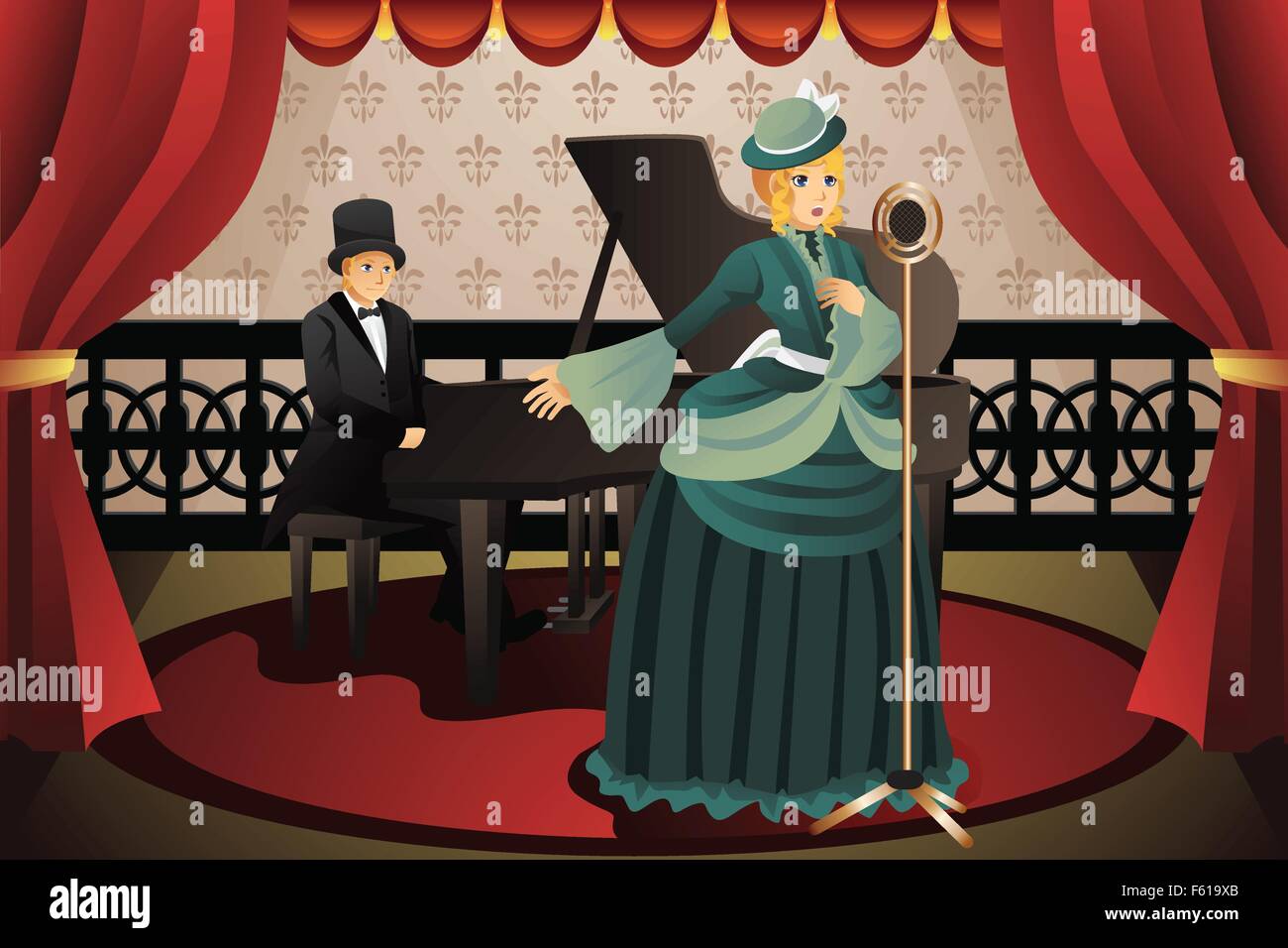 Un vecteur illustration de la pianiste et chanteuse performing on stage Illustration de Vecteur