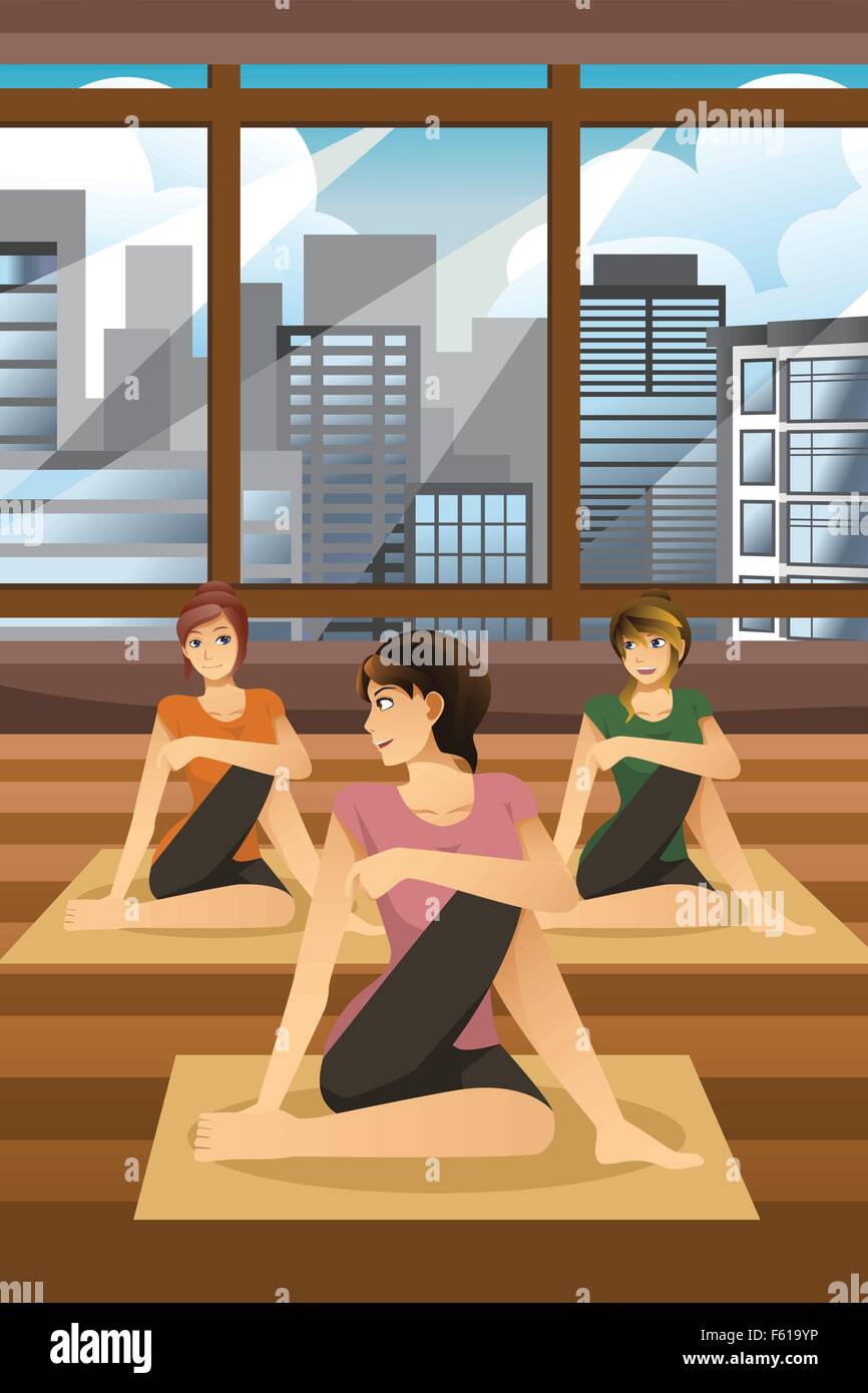 Un vecteur illustration de happy women doing yoga ensemble Illustration de Vecteur