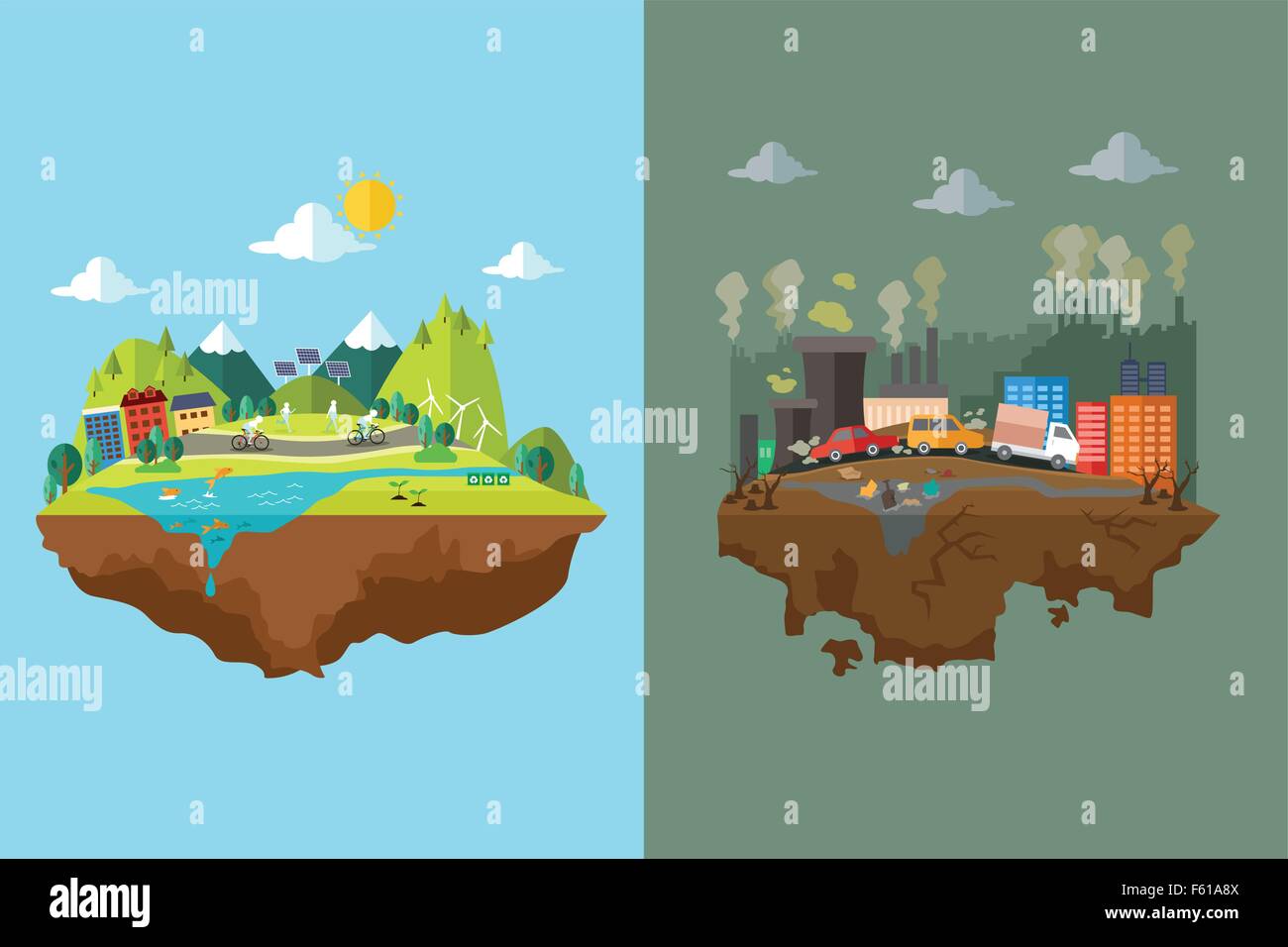 Un vecteur illustration de comparaison de ville propre et ville polluée ...