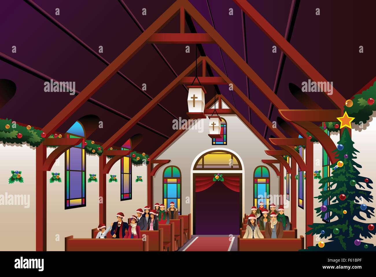 Un vecteur illustration de gens célébrer la veille de Noël à l'intérieur de l'église Illustration de Vecteur