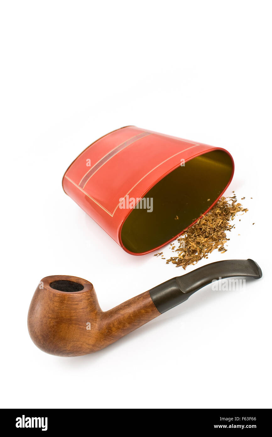 Pipe avec red tin box isolated on white Banque D'Images