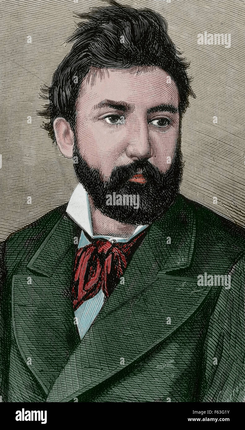 Tomas Padro Peret (1840-1877). L'artiste espagnol. Portrait. Gravure de A. Carretero, 1877. De couleur. Banque D'Images