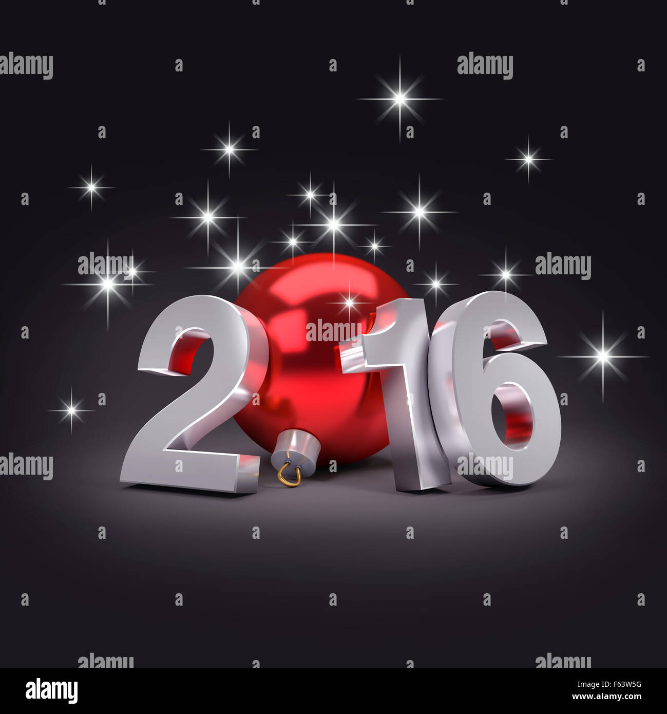 Nouvel An 2016 3D concept avec une boule de noël rouge et étoiles brillantes Banque D'Images