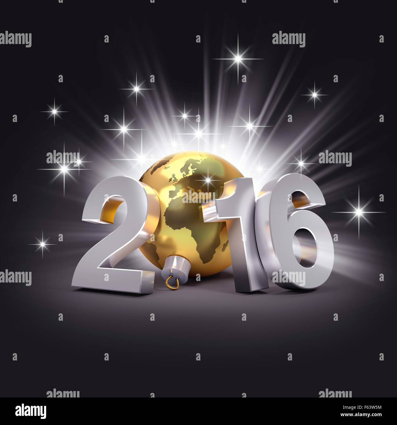 Nouvel An 2016 3D concept avec la planète terre dans un gold Christmas ball Banque D'Images