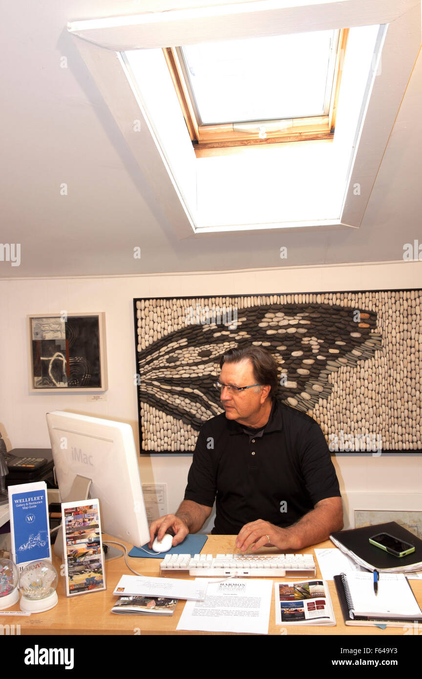 Propriétaire de la galerie d'art/artiste assis à son bureau travaillant sur ordinateur. Banque D'Images