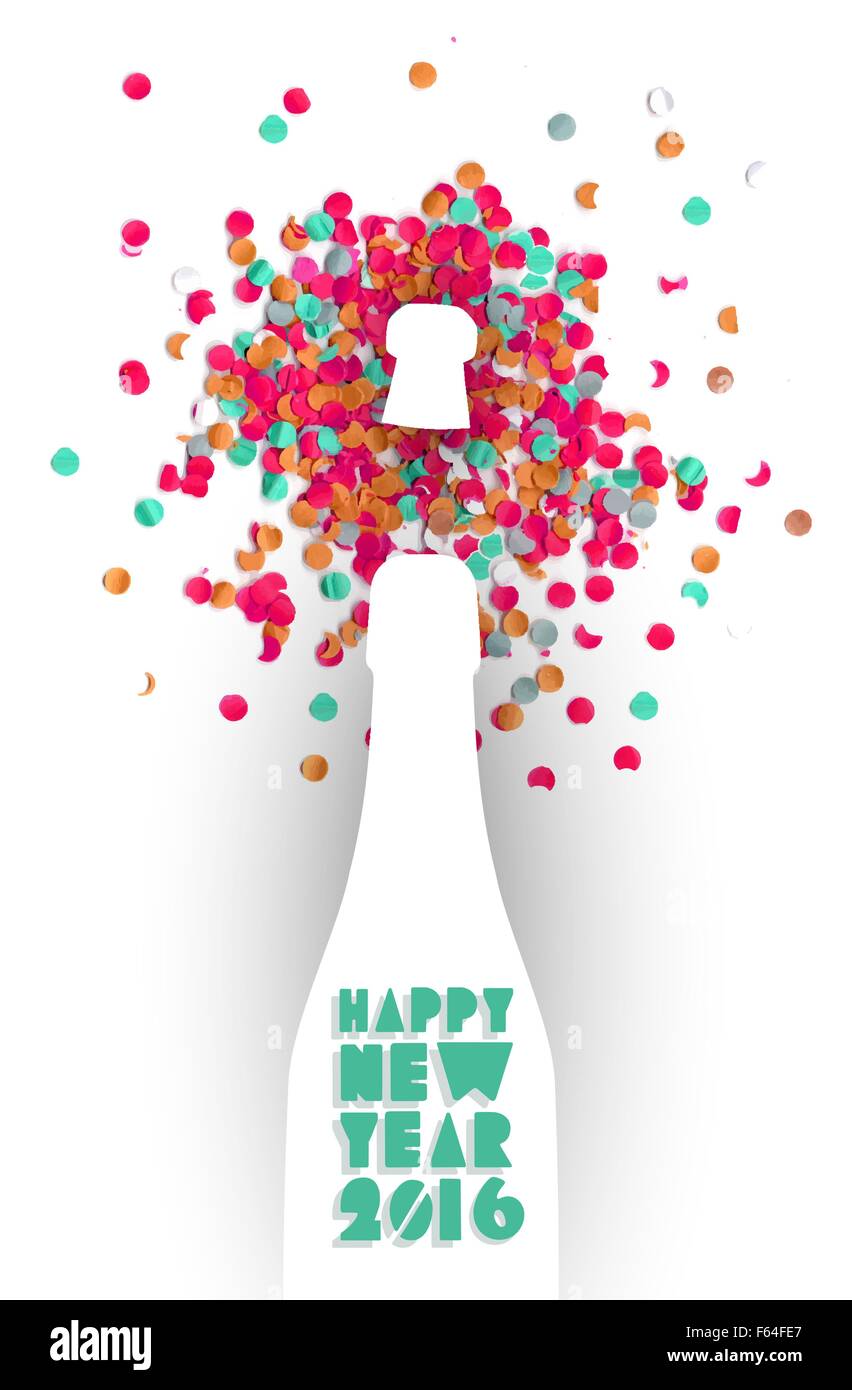 Happy New Year eve 2016 Célébration coloré bouteille champagne confettis et arrière-plan. Idéal pour maison de vacances Carte de vœux ou partie Illustration de Vecteur