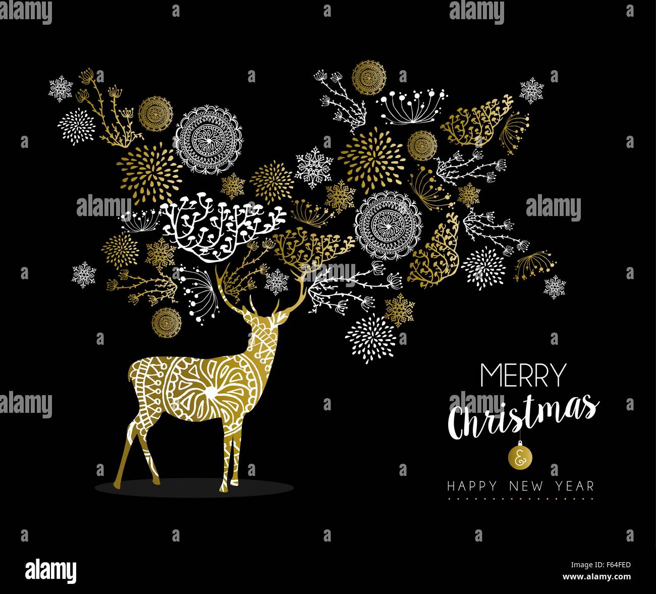 Joyeux Noel Et Heureuse Annee Luxury Golden Deer Design Sur Fond Noir Avec Des Elements De La Nature Et De L Etiquette Carte Ideale Pour Image Vectorielle Stock Alamy