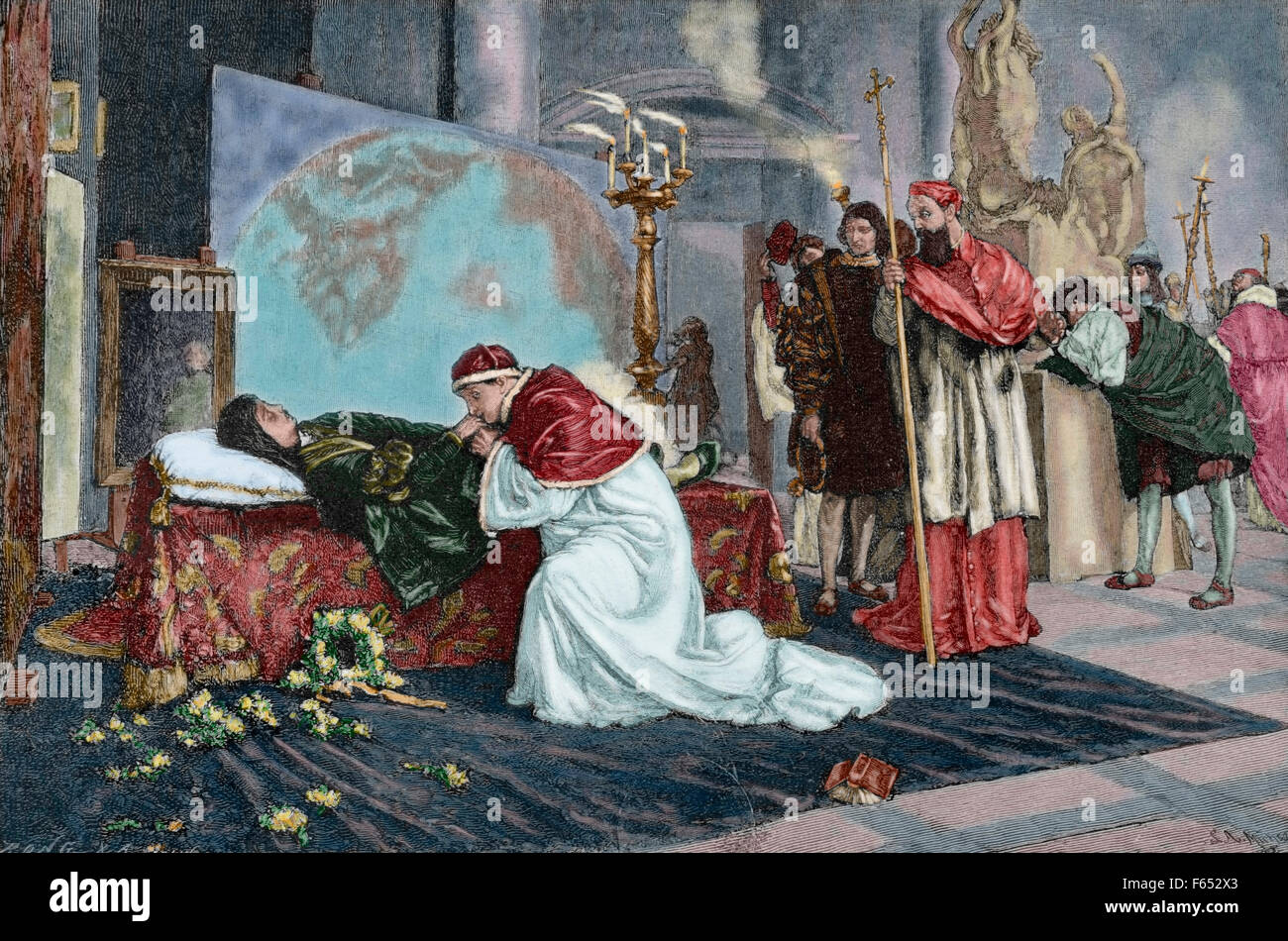Léon X (1475-1521). Pape italien (1513-1521), nommé Giovanni de Médicis. Léon X en Raphael de mort. Gravure de R. Bong dans la péninsule ibérique, l'illustration en 1885. De couleur. Banque D'Images
