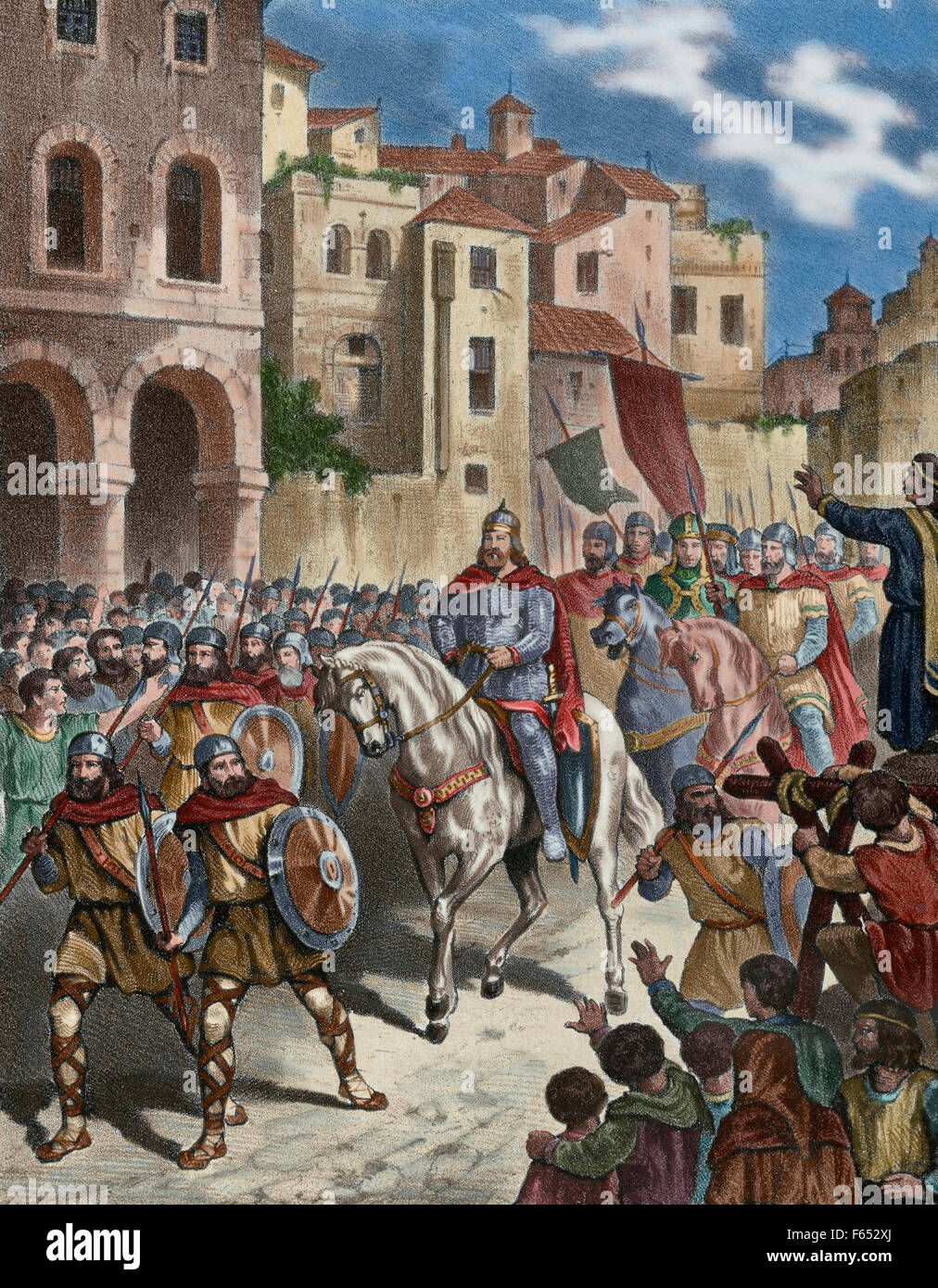 Berenguer Ramon II le fratricide (c.1053 - c.1099). Comte de Barcelone. Ramon Berenguer II en tenant la ville de Tarragone, en Catalogne. Histoire illustrée de la gravure en Espagne, 19e siècle. De couleur. Banque D'Images