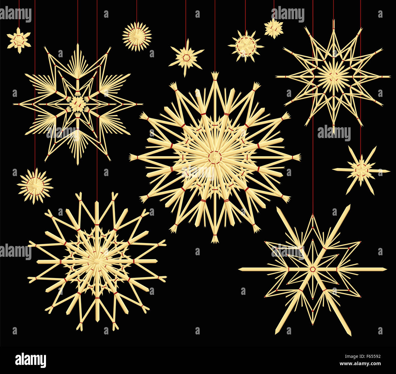 Étoiles de paille - old fashioned décoration d'arbre de Noël. Illustration sur fond noir. Banque D'Images