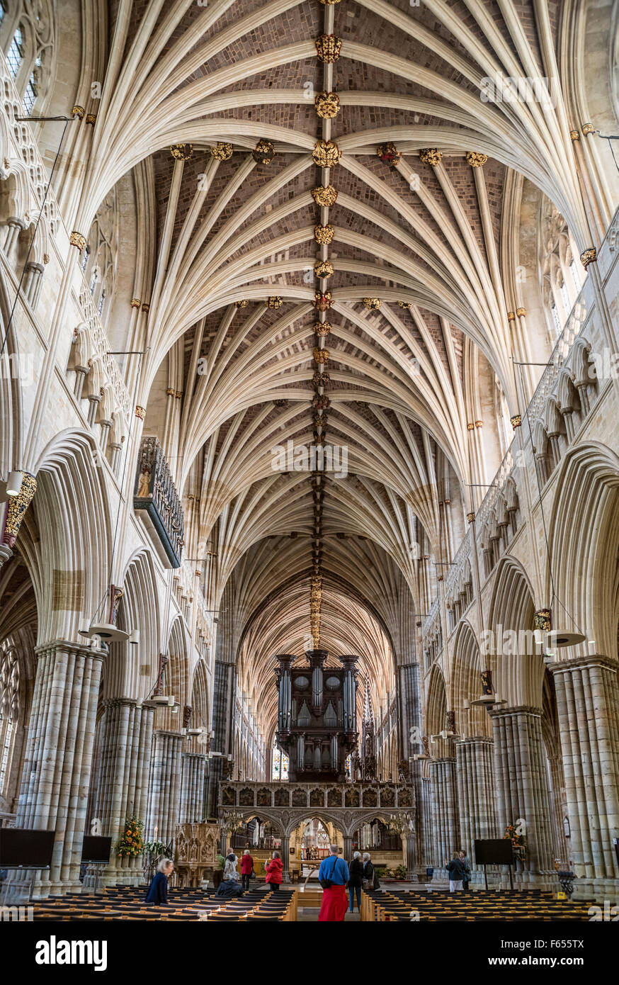 Intérieur et de l'orgue de cathédrale d'Exeter, Devon, England, UK Banque D'Images