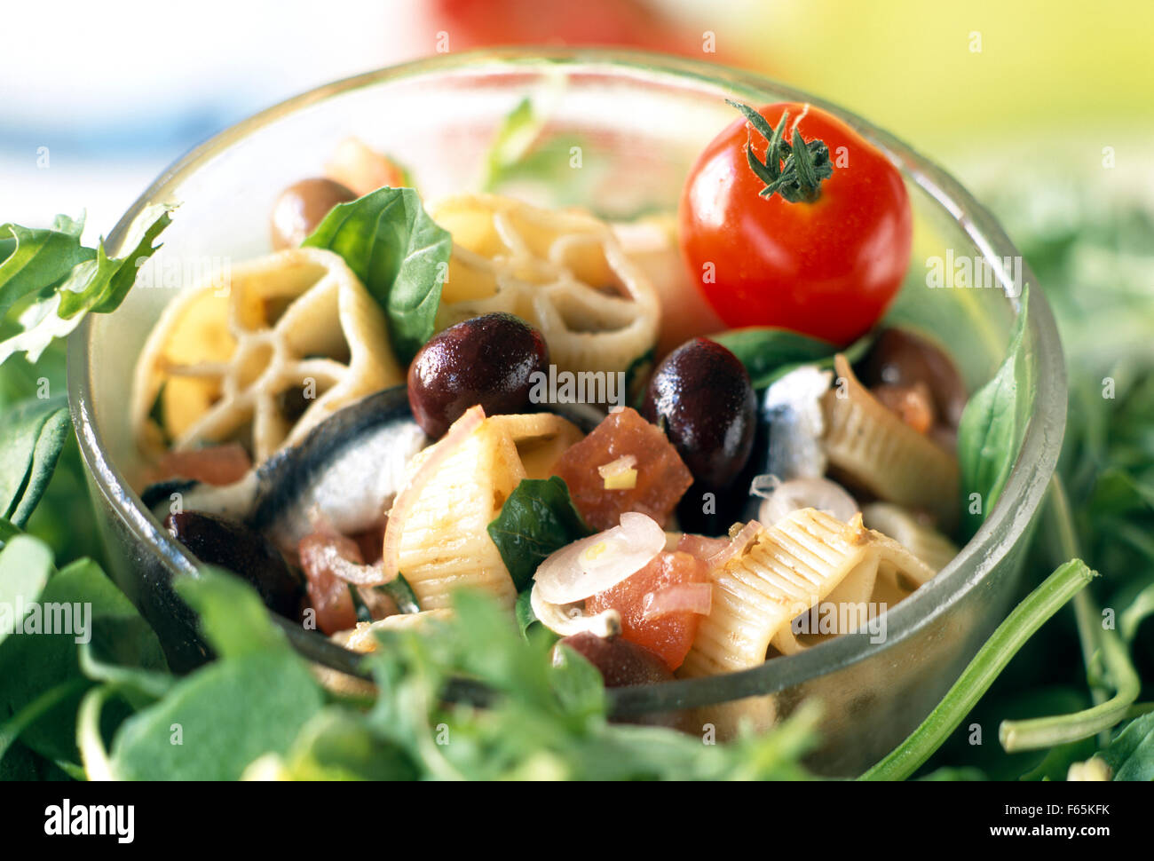 Salade de pâtes et d'anchois marinés Banque D'Images
