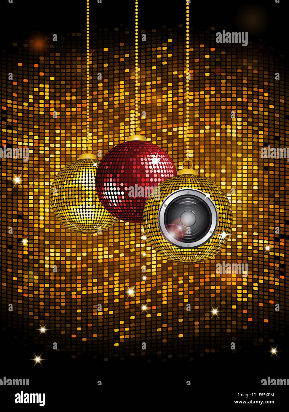 Balles Boules disco avec plus de haut-parleurs mur carreaux d'or brillant Banque D'Images