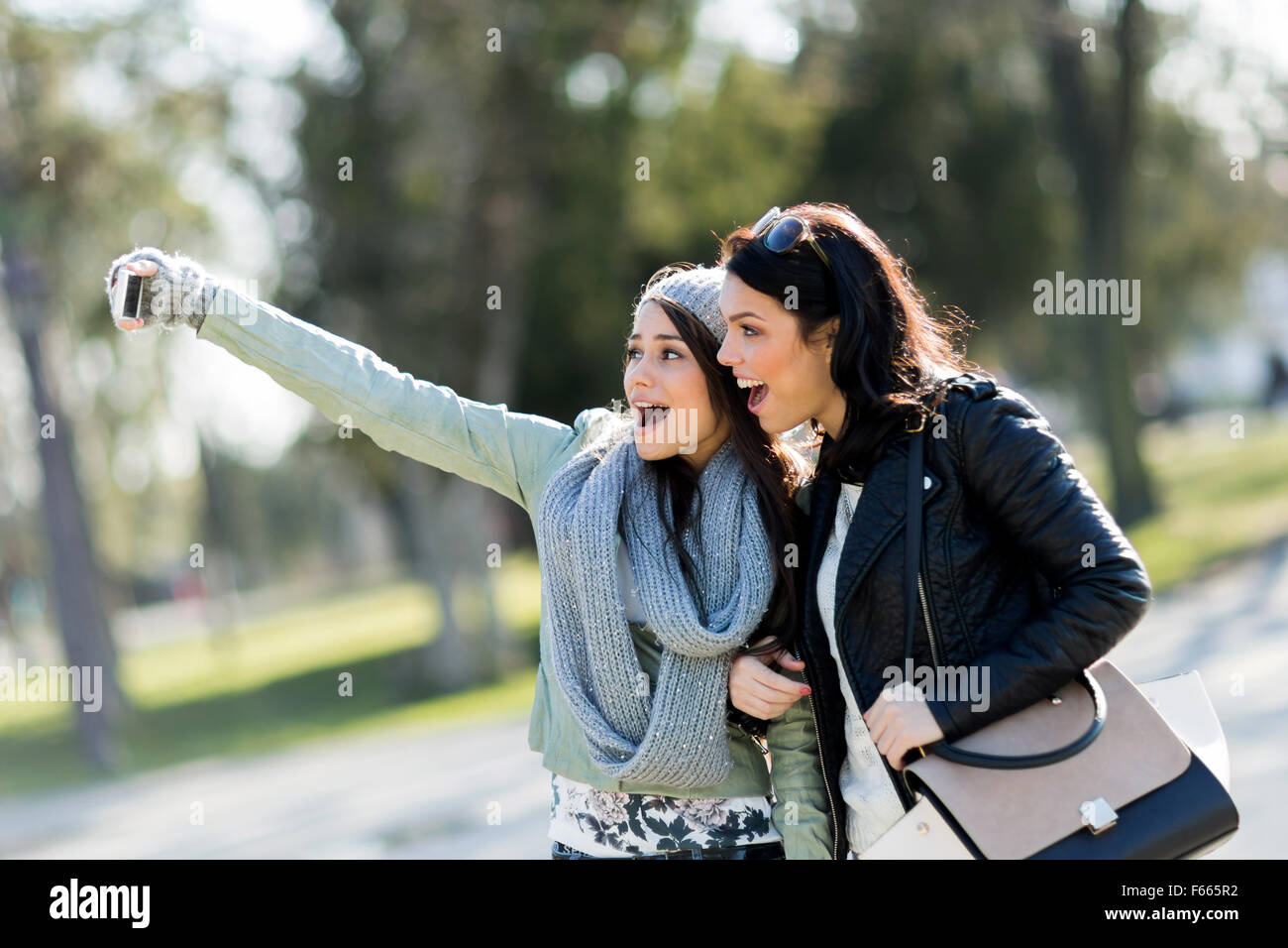 Deux jeunes femmes prenant une des selfies eux-mêmes sur une journée ensoleillée Banque D'Images