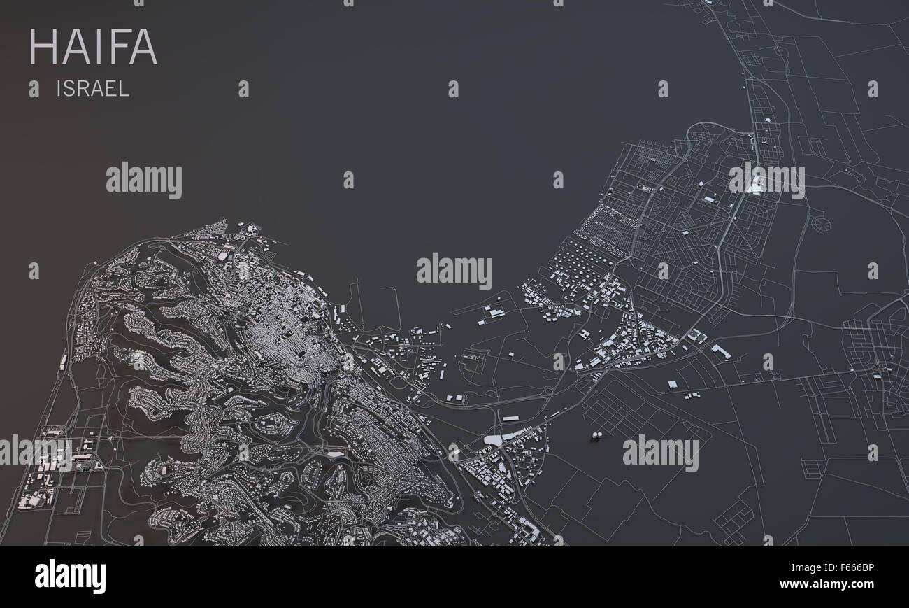 Carte en noir et blanc d'Haïfa, Israël, la vue satellite Banque D'Images