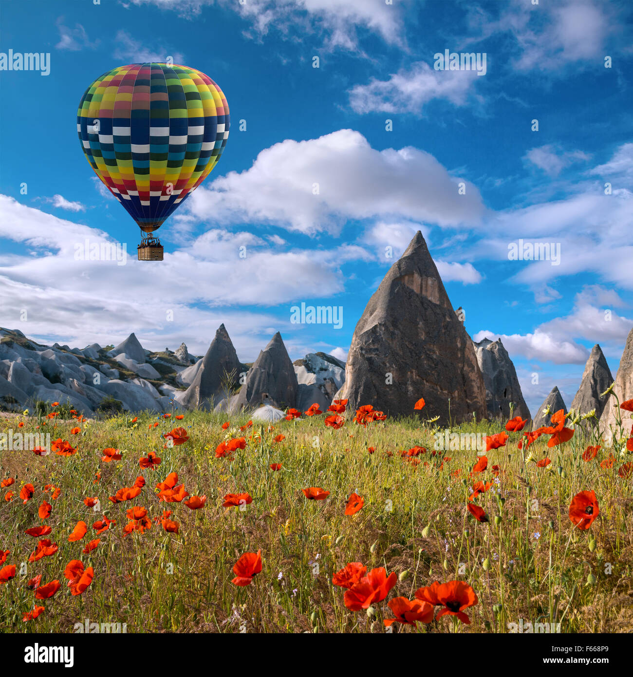 Hot Air Balloon flying over red poppies field région de Cappadoce, Turquie Banque D'Images