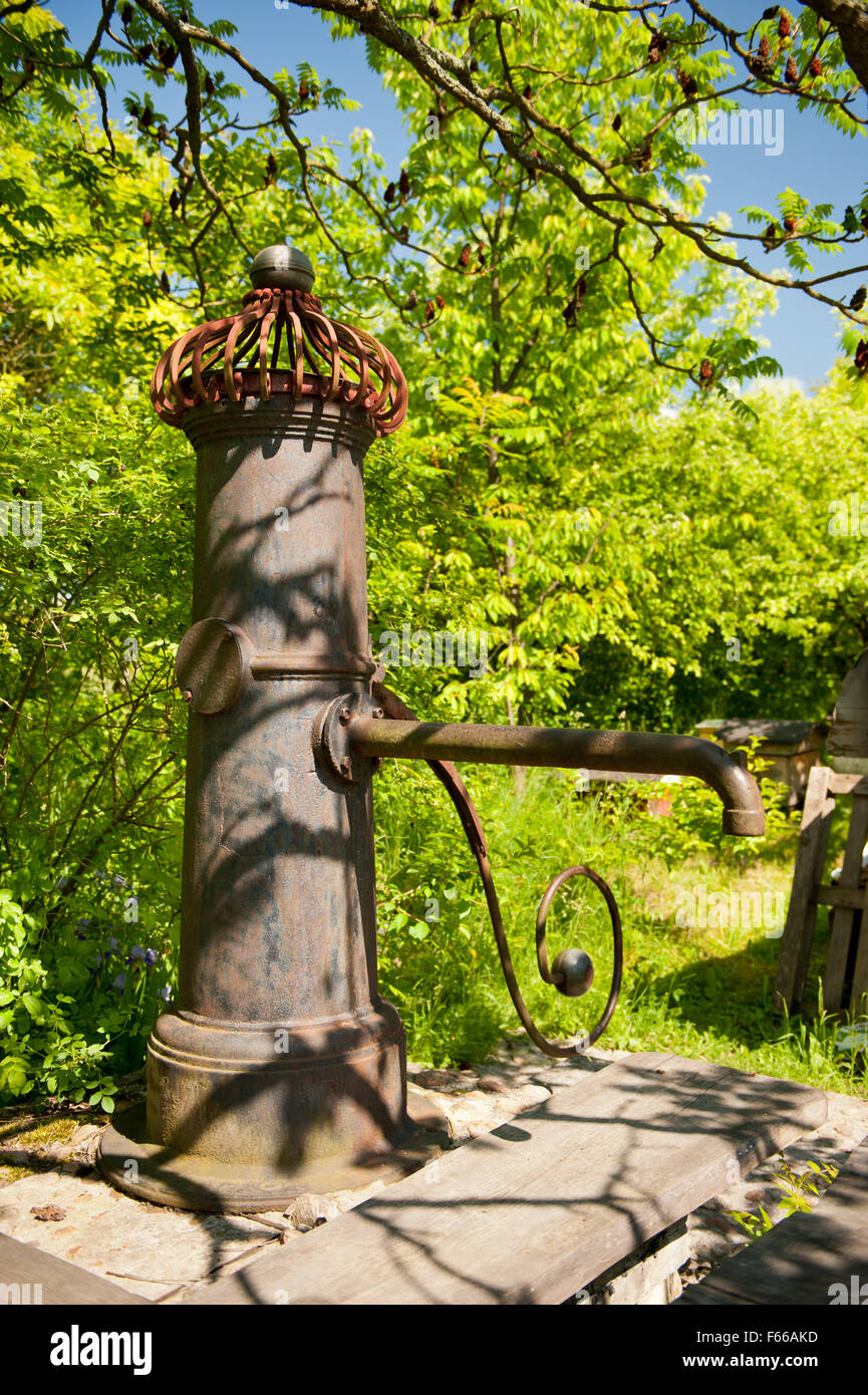 Ancienne pompe de puits profond dans cour privée en Pologne, près de la construction des puits abyssiniens décoratifs arbustes et arbres ... Banque D'Images