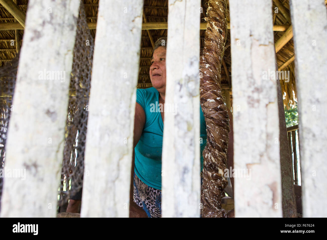 Réserve de Cuyabeno , Amazonia , l'Équateur. Une femme de la tribu Siona yucca fait du pain dans un village, à côté de Rio Aguarico Banque D'Images