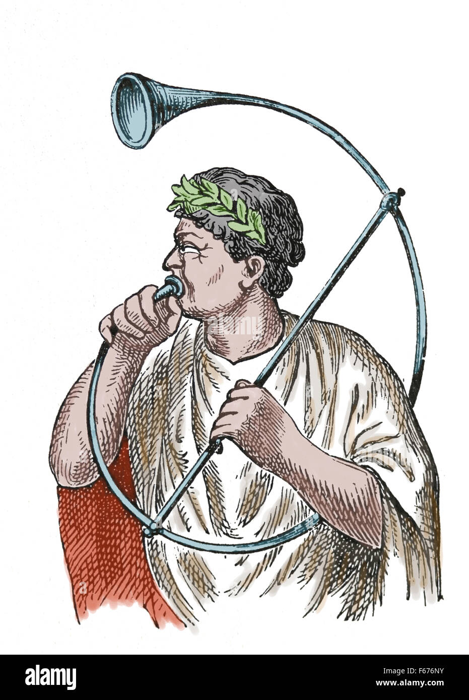 Instrument de musique militaire romain. Le Cornu. La gravure. 19e siècle. La couleur. Banque D'Images
