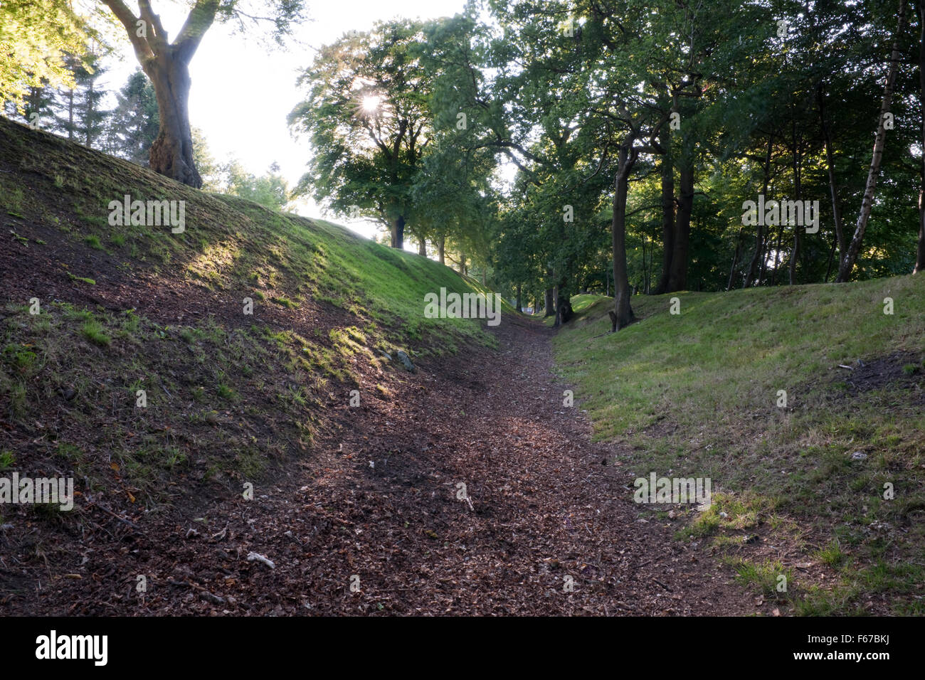 À la W de V-forme de fossé (vallum) de l'époque romaine Antonine Wall E de Watling Lodge, Falkirk : un rempart de gazon & pallisade surmonté le S (L) Banque mondiale Banque D'Images