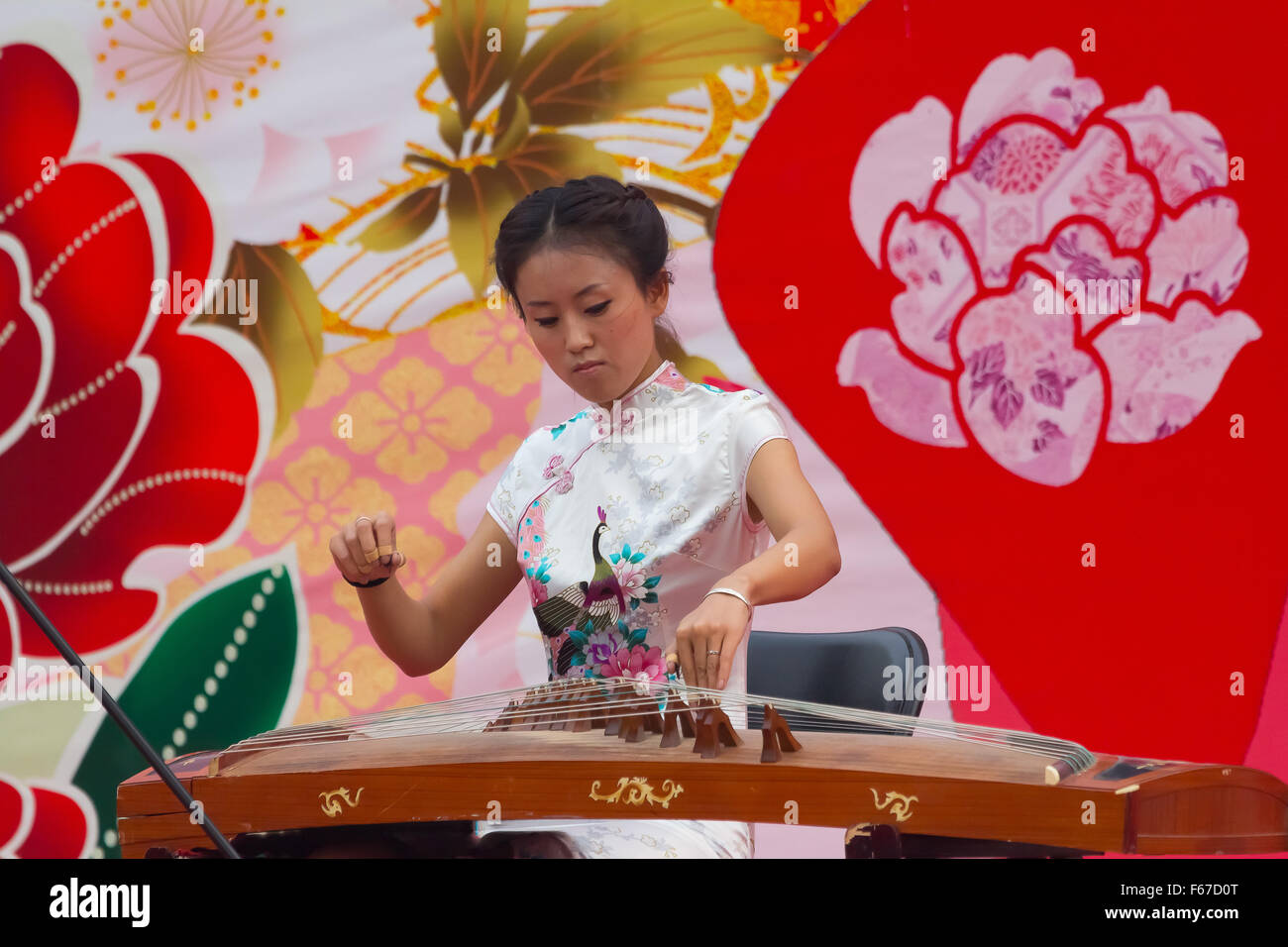 Jeune femme jouant de l'instrument traditionnel dans un parc à Pékin, en Chine. Banque D'Images