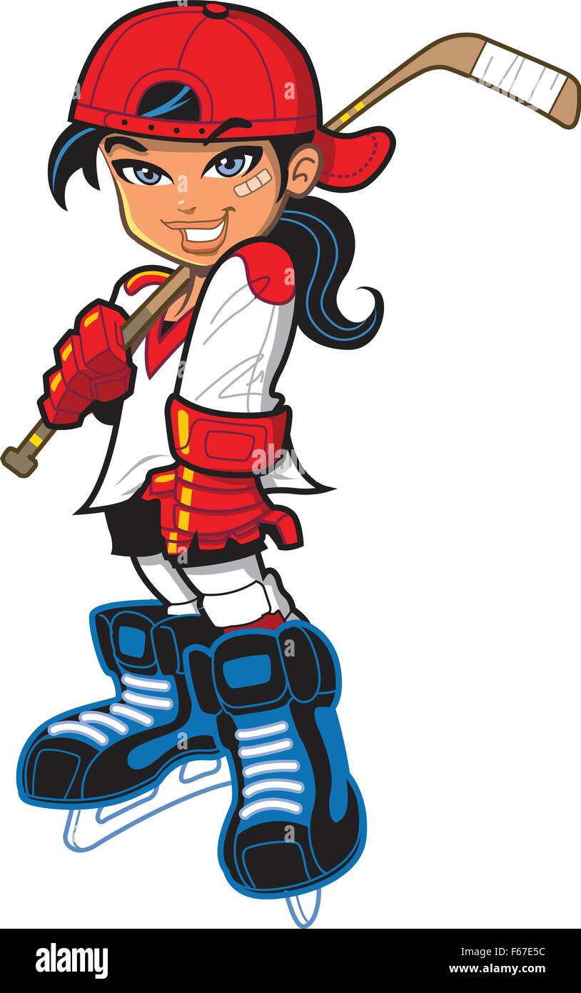 Très mignon femelle fille sourire confiant avec le joueur de hockey bâton de hockey, l'attitude et bandage sur son visage. Illustration de Vecteur