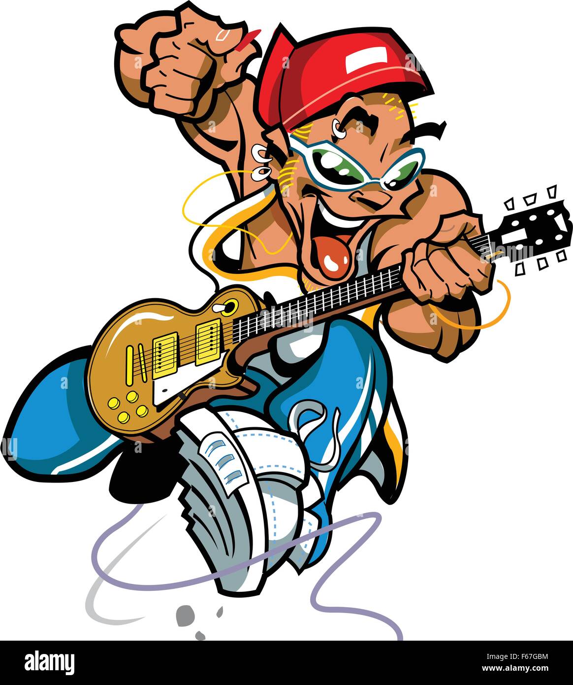 Wild Rock Guitar Player Jumping with Sunglasses Illustration de Vecteur