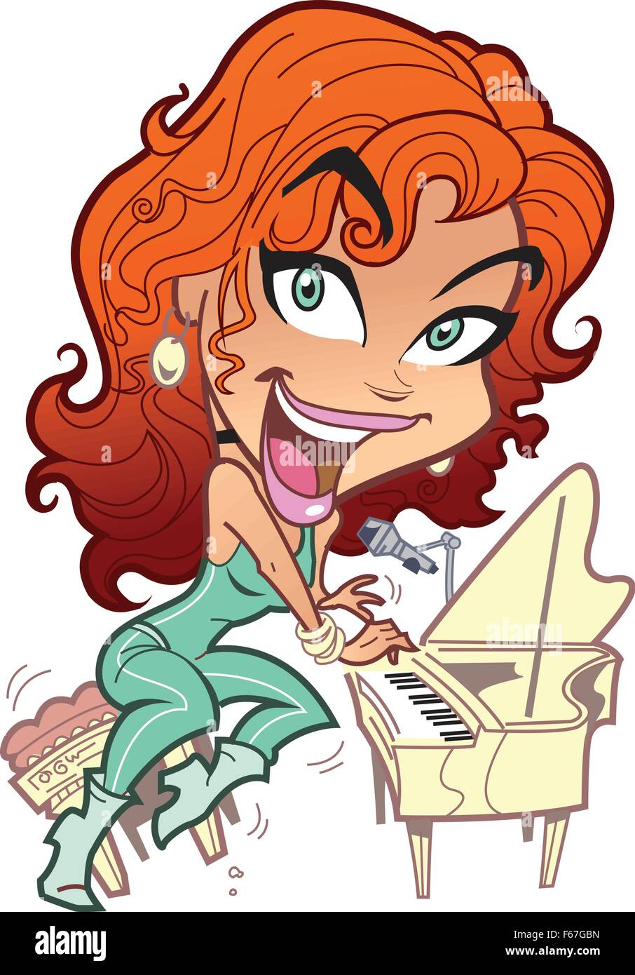 Femme aux cheveux rouges bouclés sauvages jouer du piano Illustration de Vecteur