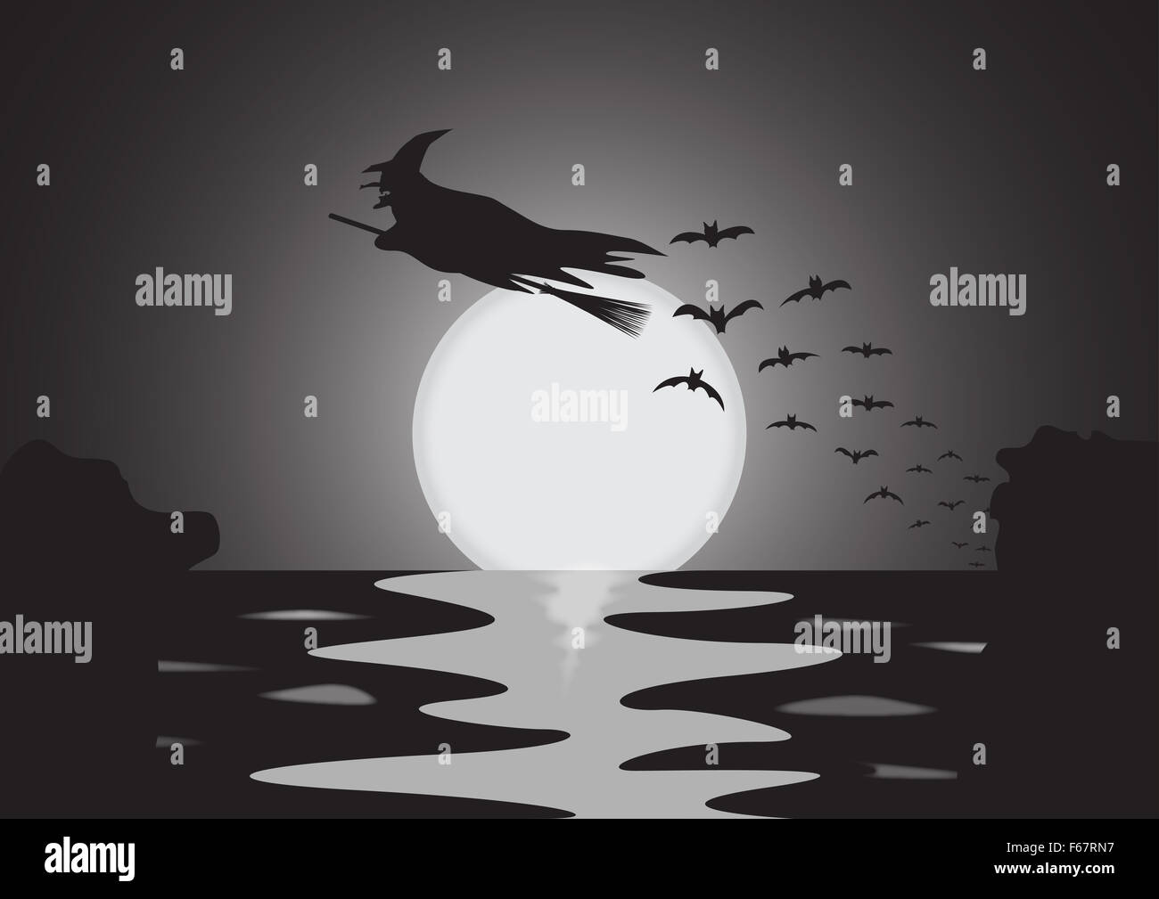 La silhouette d'une sorcière d'Halloween et les chauves-souris au lever de la mer Banque D'Images