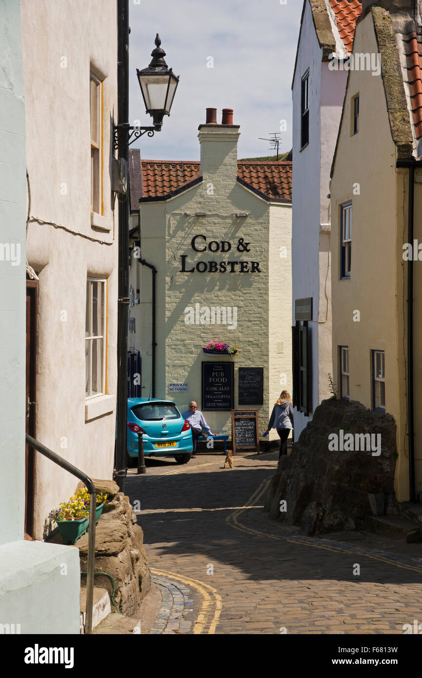 Vue vers le bas le pittoresque, étroites et pavées, High Street, dans le village traditionnel de pêcheurs de Staithes, North Yorkshire, Angleterre, Royaume-Uni, le long d'une journée d'été. Banque D'Images