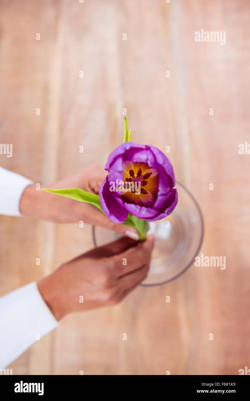 Woman putting une fleur dans un vase Banque D'Images