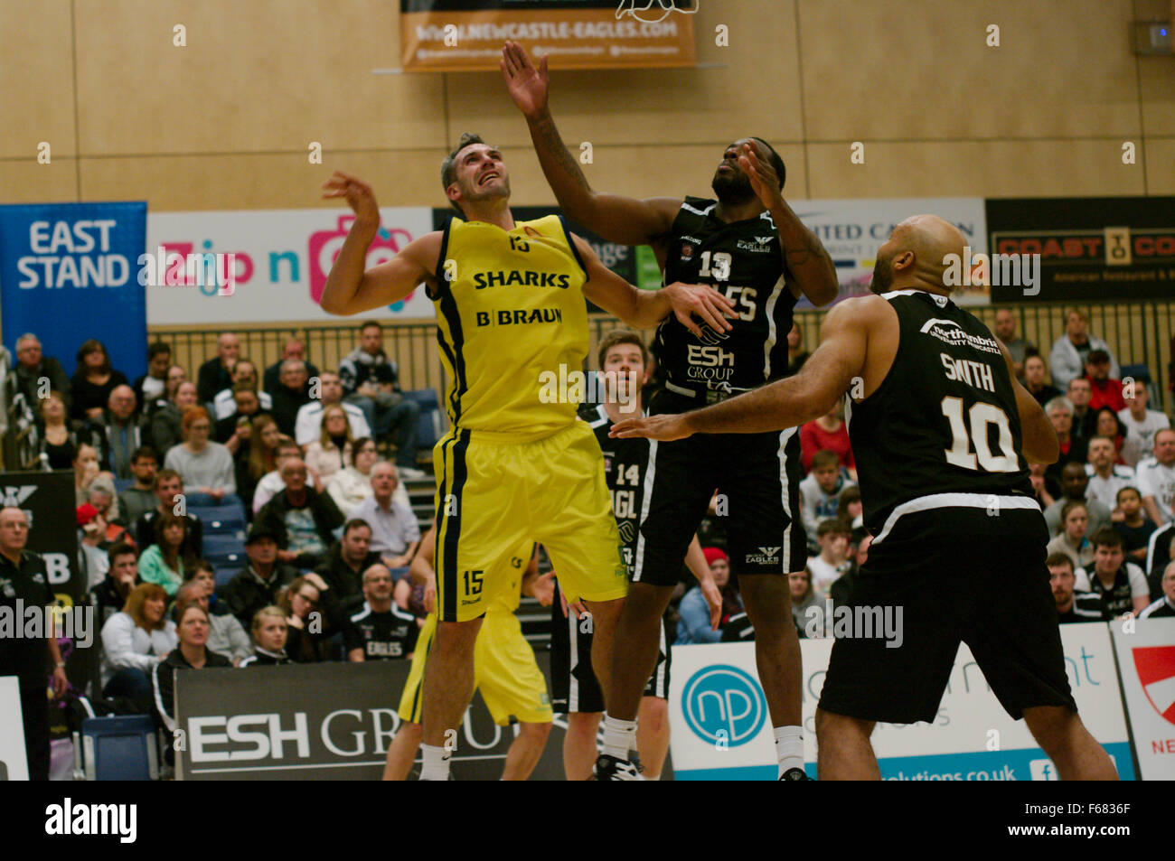 Newcastle Upon Tyne, au Royaume-Uni. 13 novembre 2015. Michael Tuck, en jaune, de Sheffield Requins sautant avec Darius Defoe vu par Scott Martin, numéro 14, et Charles Smith. Les Aigles de Newcastle a battu Sheffield Sharks 87 - 78 d'enregistrer leur neuvième victoire consécutive et rester invaincu de la ligue. Crédit : Colin Edwards / Alamy Live News Banque D'Images