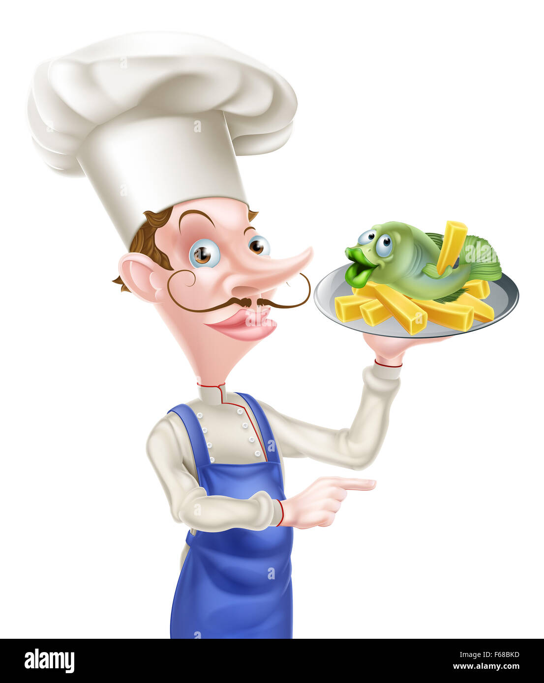 Un dessin animé faisant chef holding un plat ou une plaque avec du poisson et des frites de caractères sur elle Banque D'Images