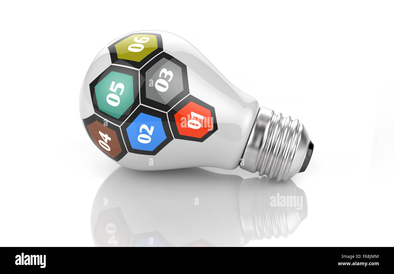Six hexagones comme étapes séquentielles de la stratégie sur l'ampoule d'éclairage Banque D'Images