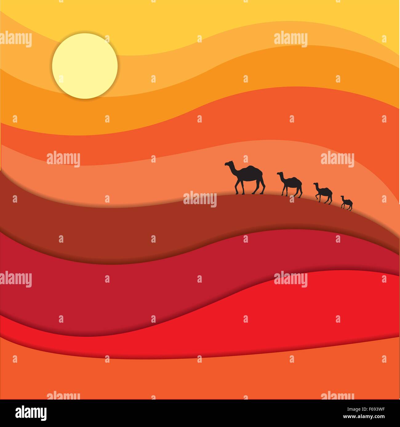 Caravane de chameaux à travers le désert sous le soleil Illustration de Vecteur